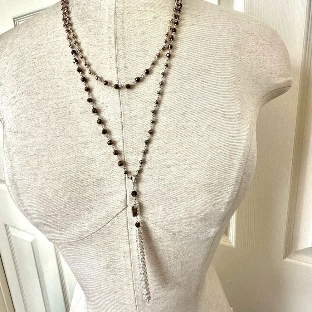 Silver tone double chain  tassel necklace